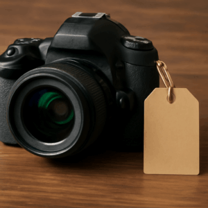 กล้อง DSLR มือสองพร้อมป้ายราคาบนโต๊ะไม้